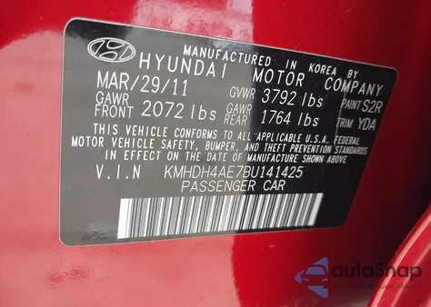 2011 Hyundai Elantra Gls (Ulsan Plant) z USA, uszkodzony, nr VIN KMHDH4AE7BU141425